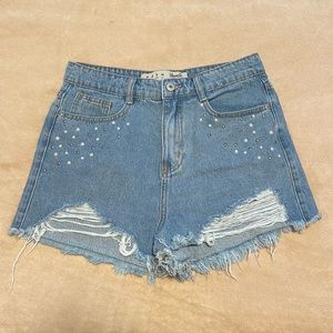 High-Waist Jean Shorts with Silver and Pearl Beads